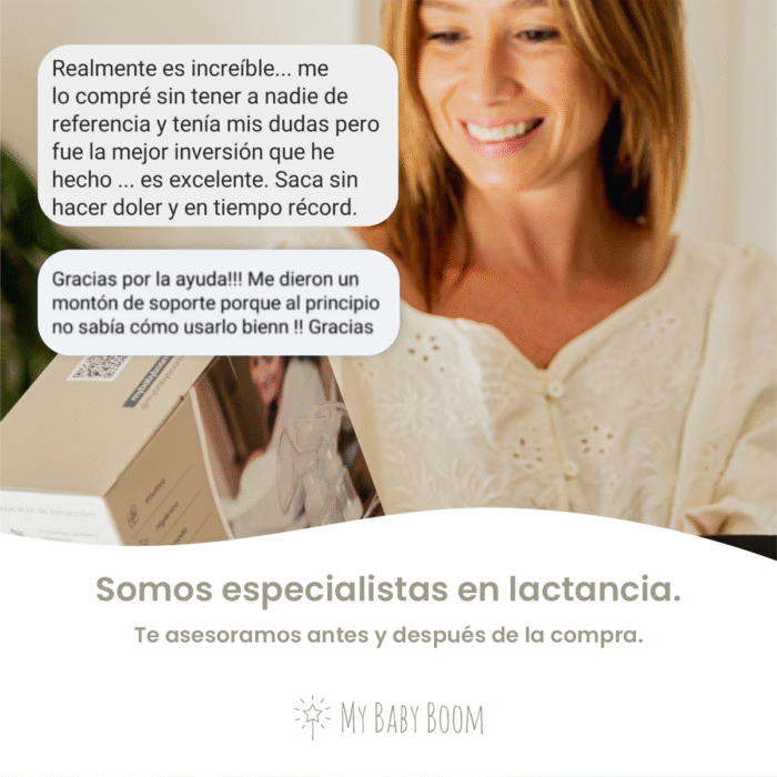 Mujer sonriente sosteniendo la caja del sacaleches eléctrico doble My Baby Boom®, con mensajes de clientas satisfechas y el texto “Somos especialistas en lactancia. Te asesoramos antes y después de la compra”.