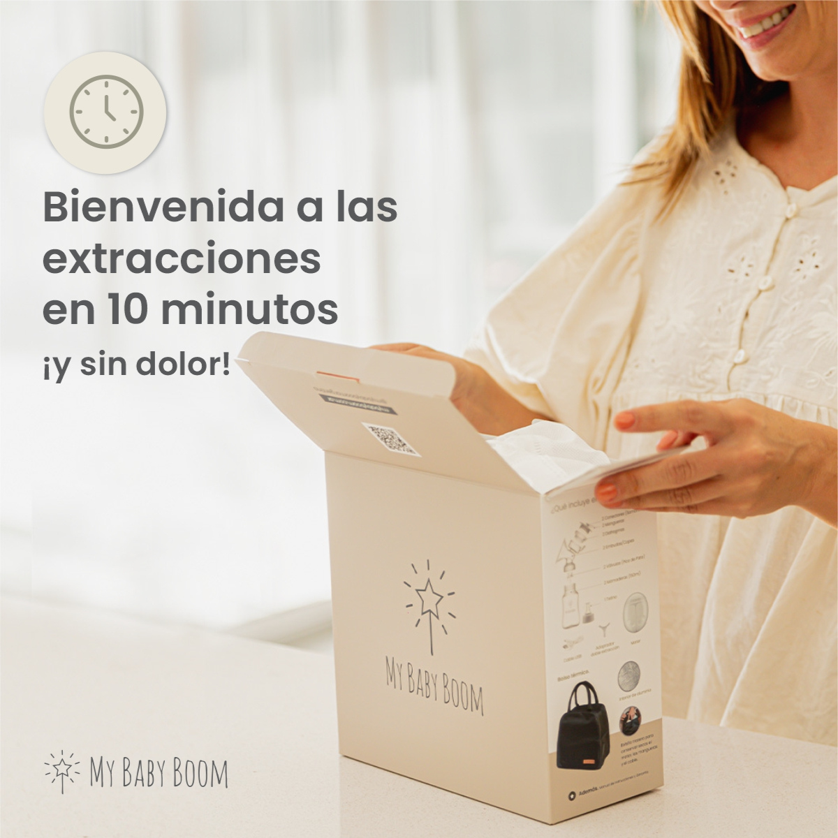 Mujer abriendo la caja del sacaleches eléctrico doble My Baby Boom®, con el texto “Bienvenida a las extracciones en 10 minutos y sin dolor”, destacando rapidez y confort en la lactancia.